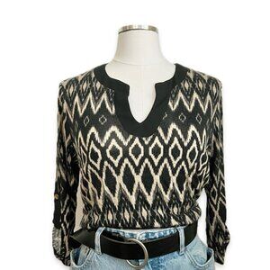 faith and joy | black boho tribal print 3/4 sleeve vneck blouse top | sz l